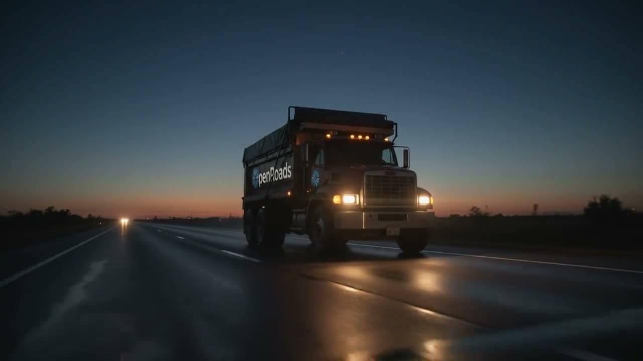 Loaded OpenRoads dump truck rolling down a Florida highway at dusk